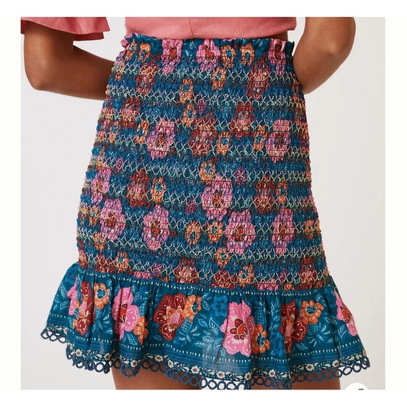 Farm Rio Smocked Flounce Mini Skirt Blue Floral Large L - Picture 1 of 10